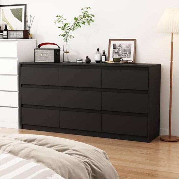 9-Drawer Black Wood Dresser Modern Style 31.5 in. H x 63 in. W x 15.7 in. D