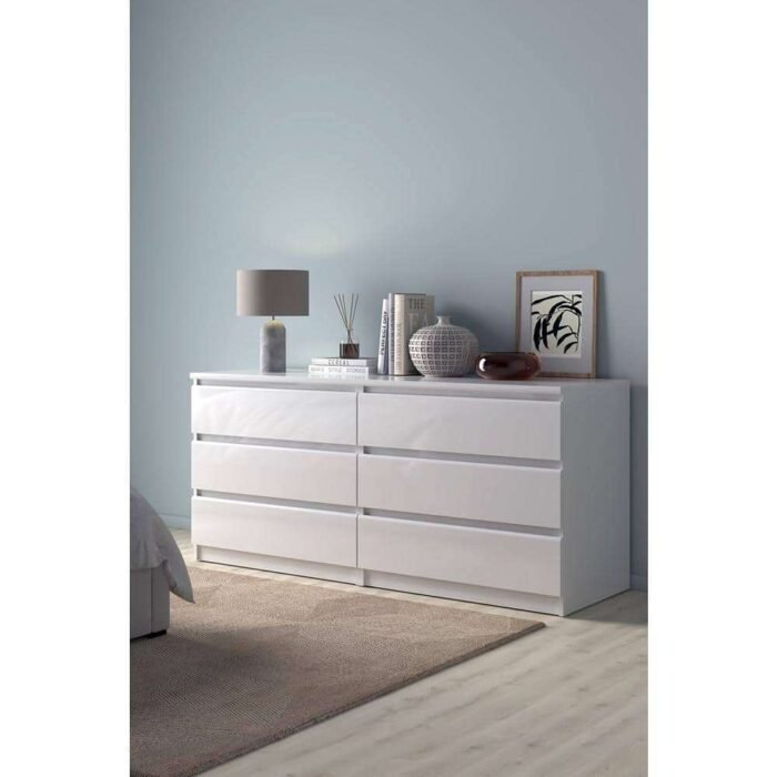 Scottsdale 6-Drawer White High Gloss Double Dresser 27.60 in. H x 60.55 in. W x 19.69 in. D